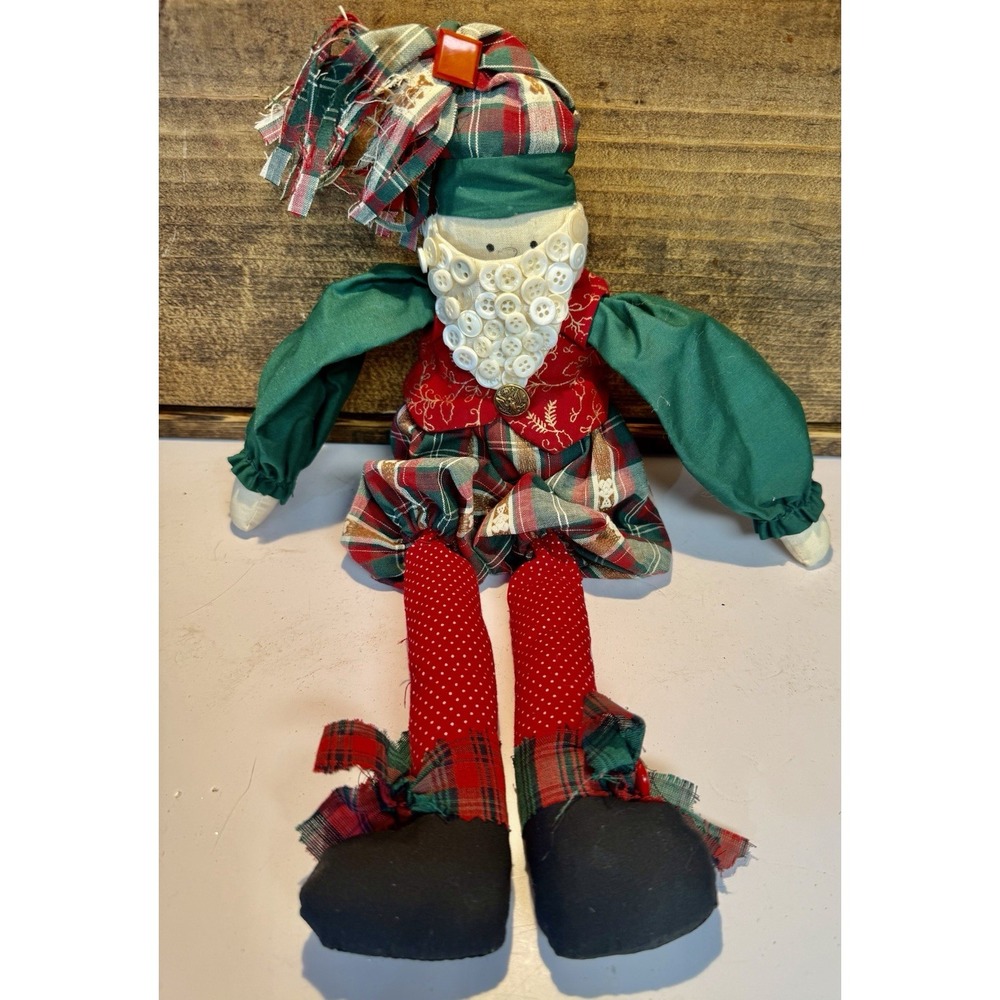 Vintage Handmade Folk Art Santa Doll Button Beard Plaid Christmas Decor